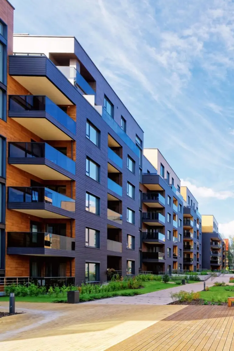 Modern apartment buildings in the city, showcasing contemporary architecture and urban living.