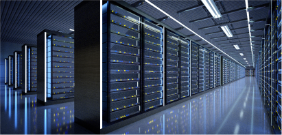 A row of servers in a data center within sustainable industrial buildings.