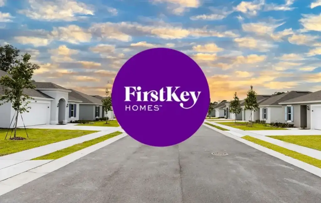 FirstKey Homes logo over a residential street