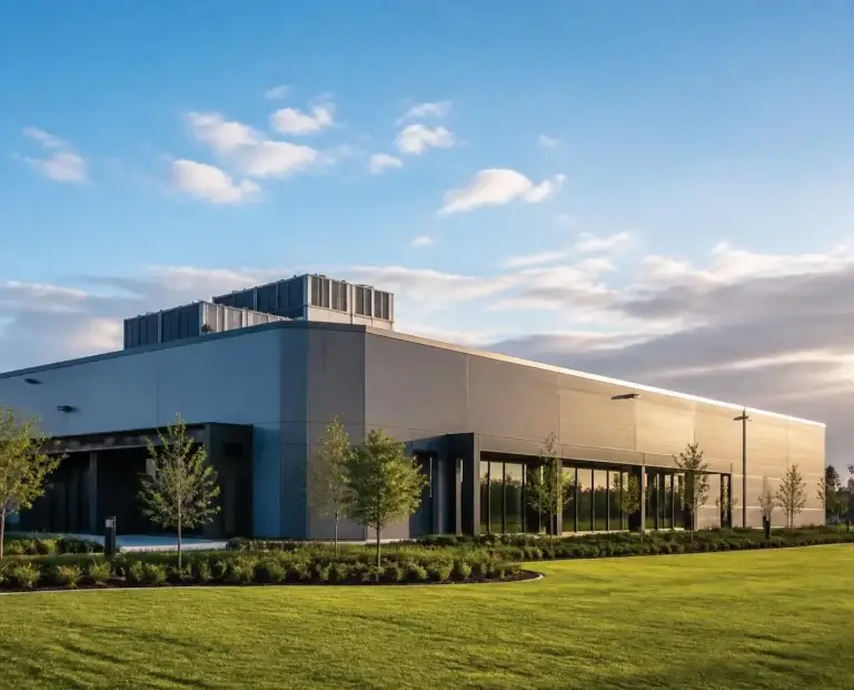 Modern data center building with rooftop cooling equipment at sunset